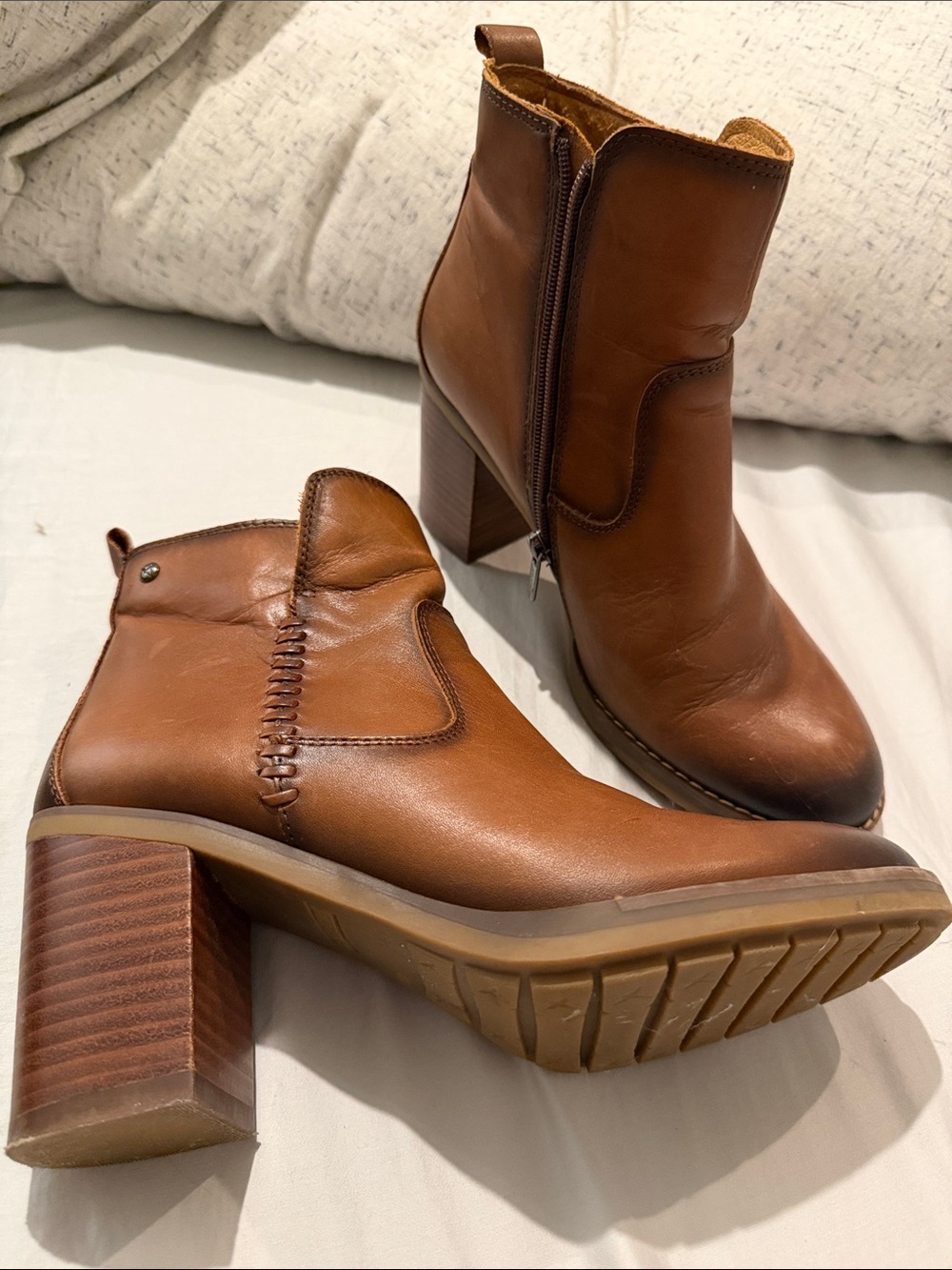 PIKOLINOS Tan Leather Block Heel Ankle Boots